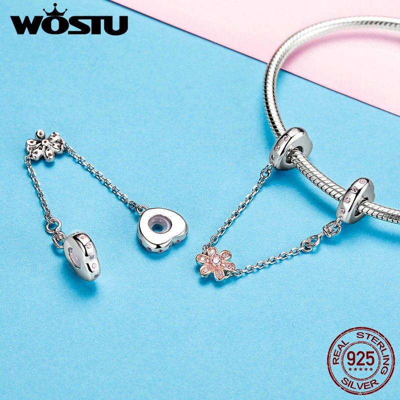 WOSTU Europäischen 925 Sterling Silber Blume Sicherheits Kette Reize passen Ursprüngliche Armbinde Anhänger Perlen Für Schmuck Machen CQC1113