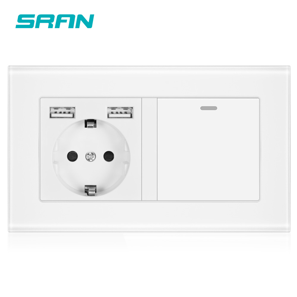 Sran eu vägguttag med vippströmbrytare， 220v 16a- uttag med usb 146*86 kristallglaspanel med ljusströmbrytare 1 gäng 1/2/3- vägs