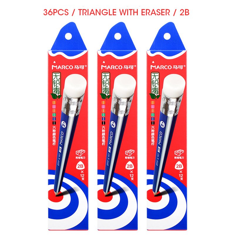 Marco 36pcs/lot HB/2H/2B 2Triangle Wood Pencils Pre-sharpened School Pencils Lead Pencil Wooden Graphite Pencil School supplies: 36 2B Pencils eraser