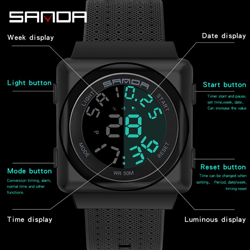 Sanda herre sportsur kronograf herre ur top vandtæt nedtællingsur digitalt armbåndsur relogio masculino