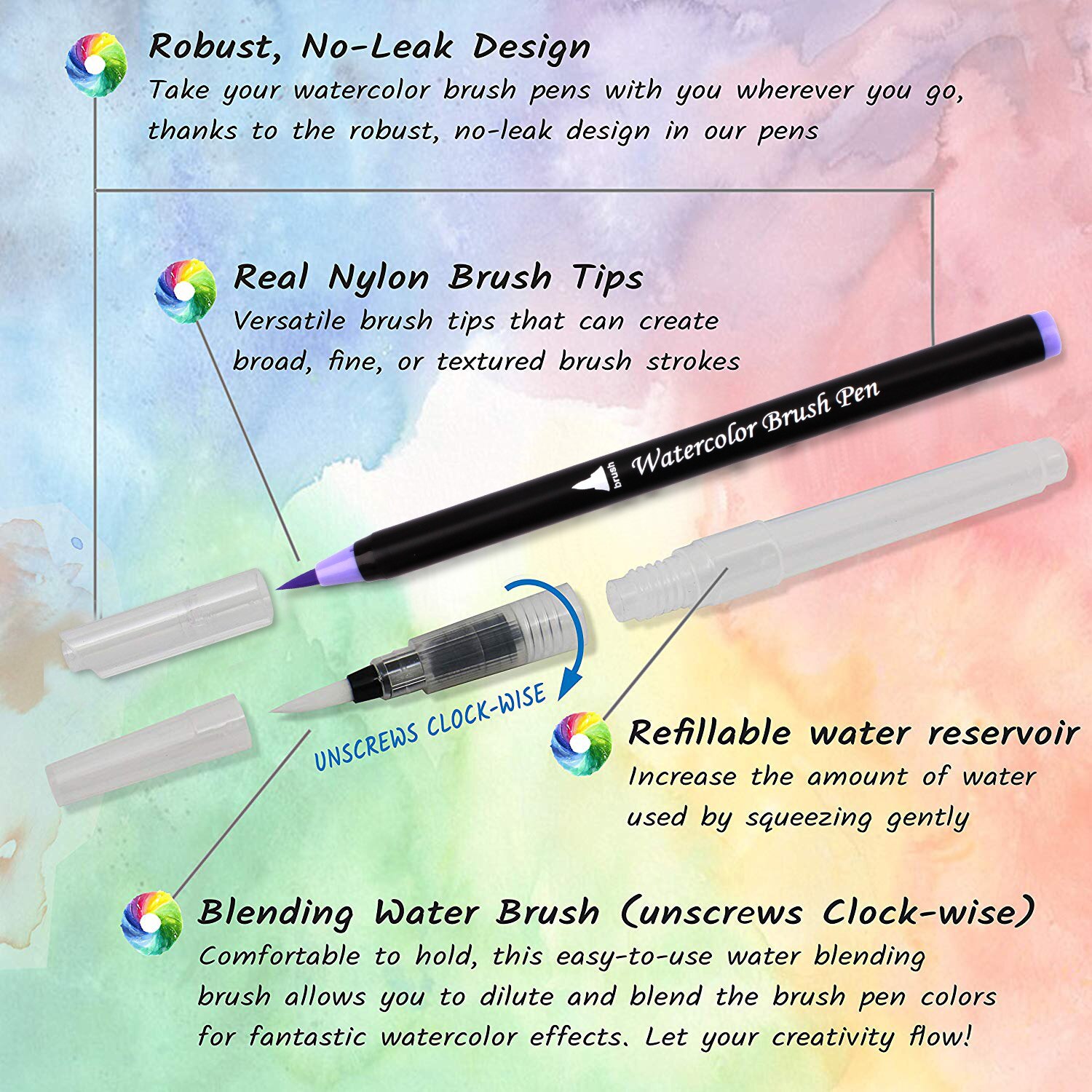 Artists Watercolour Brush Pens Set, 20-72 Vibrant Colours, Premium Real Soft Brush Tip Paint Markers Plus Water Blending Pen