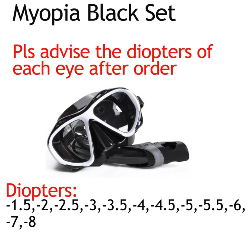 YONSUB myopia tempered dive optical lens mask scuba diving mask snorkel set underwater anti fog and tube diving equipment: Myopia Black Set
