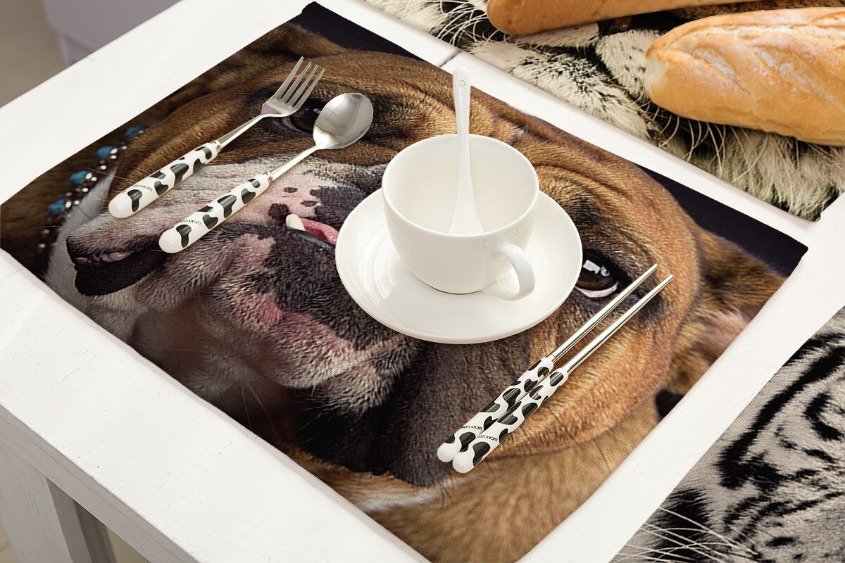 Cotton Linen Art Food Placemat for Dining Table Animal Face 3D Printing Kitchen Accessories Cup Coaster Cat Dog Desgin Mat