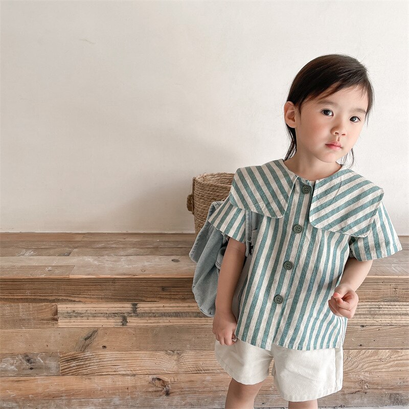 Deer jonmi 2022 camicie a righe Casual per bambini estive camicette a maniche corte camicette in cotone di lino per bambini in stile coreano