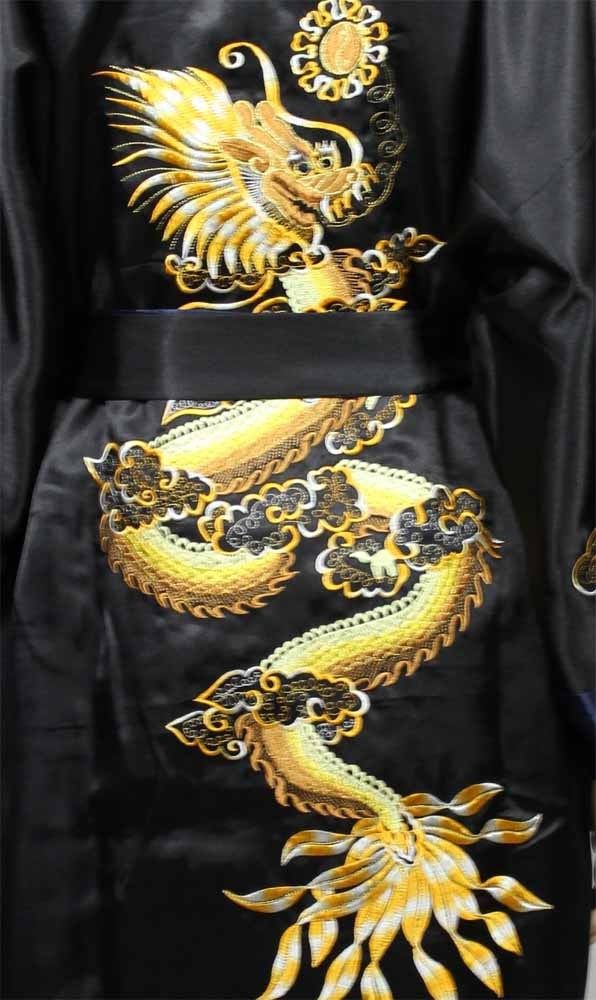 Chinese stijl gewaad klassieke borduur draak kimono man homewear lange badjas satijnen nachtjapon losse nachtkleding loungewear: L / Black