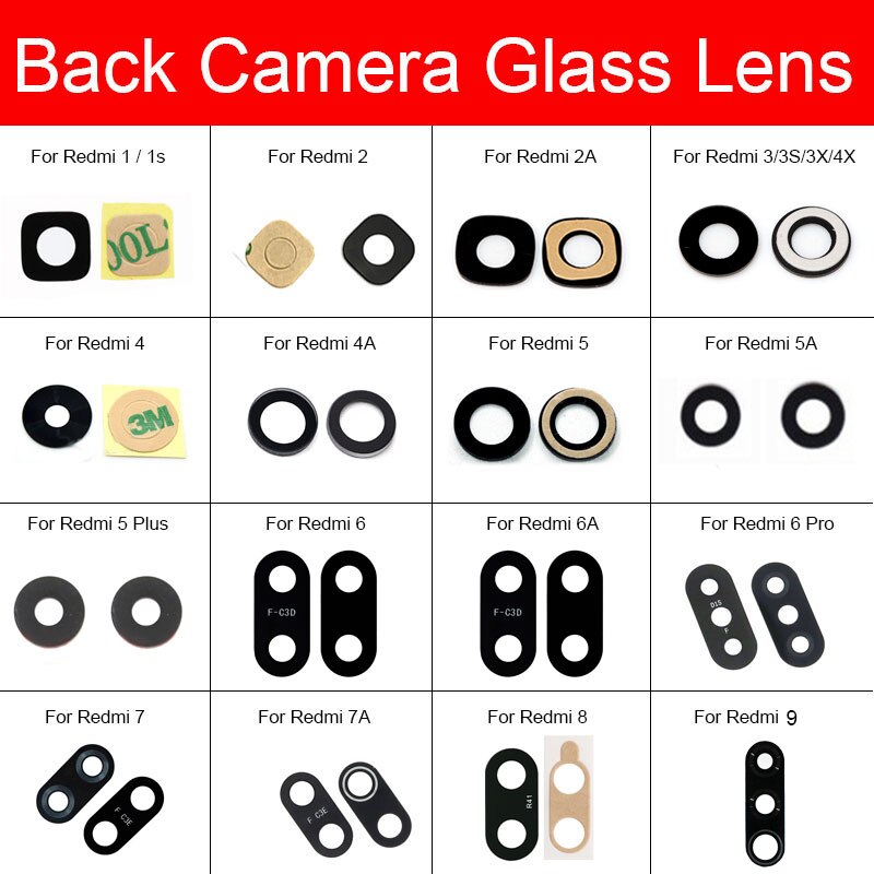Bagside kamera glas linse + selvklæbende mærkat til xiaomi redmi 1s 2 2a 3s 3x 4x 4a 5 5a 6 6a 7 7a 8a 8 9 plus pro kamera linse glas