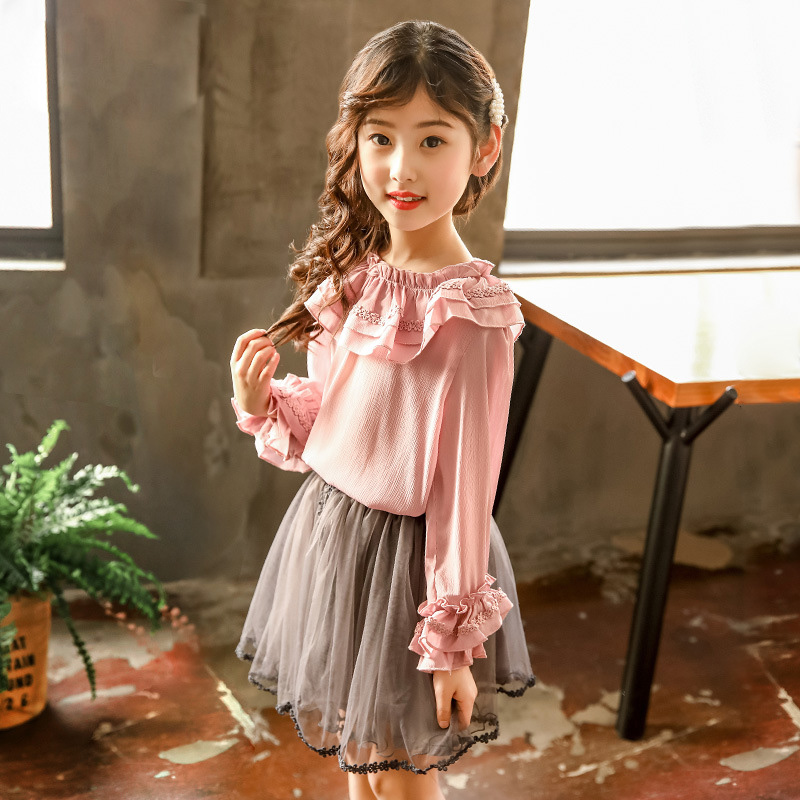 Blusa de manga larga con volantes para niña, camisa de gasa para primavera y verano, ropa para niño, Tops escolares RT408