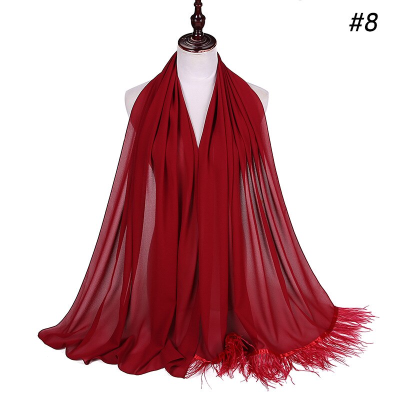 Trend Feather Hijabs Turban Chiffon Single-Side Short Feather Stitching Scarf Long Shawl For Muslim Women Headscarf: 8 wine red
