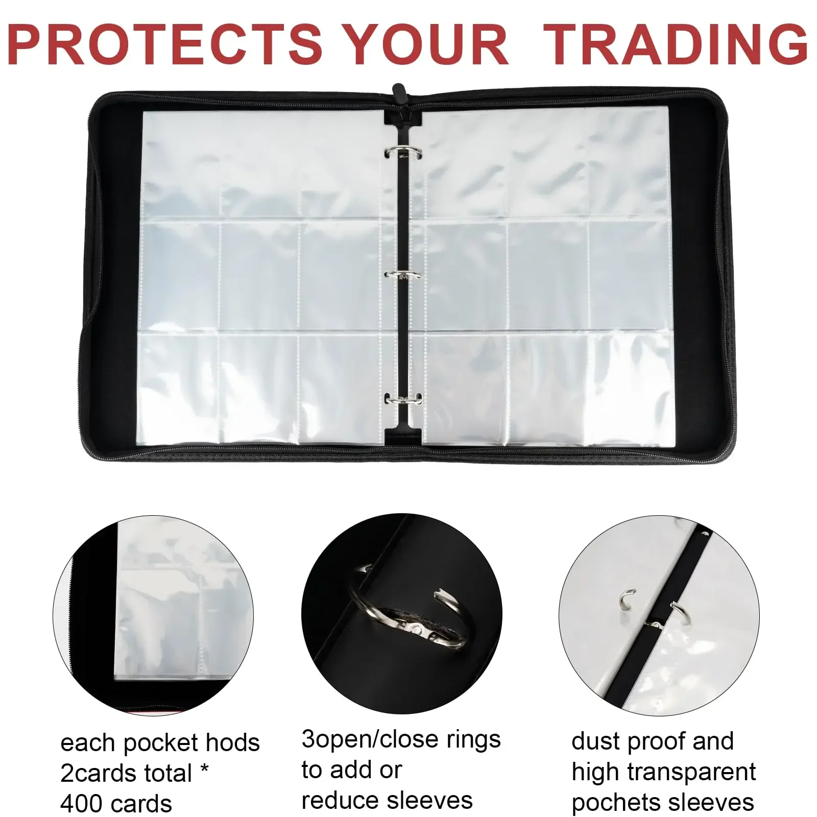 4/9 Pocket Card Collection Binder Binder with Zipper and Handle for Game/Football Card Collector's Book Trading Card Binder