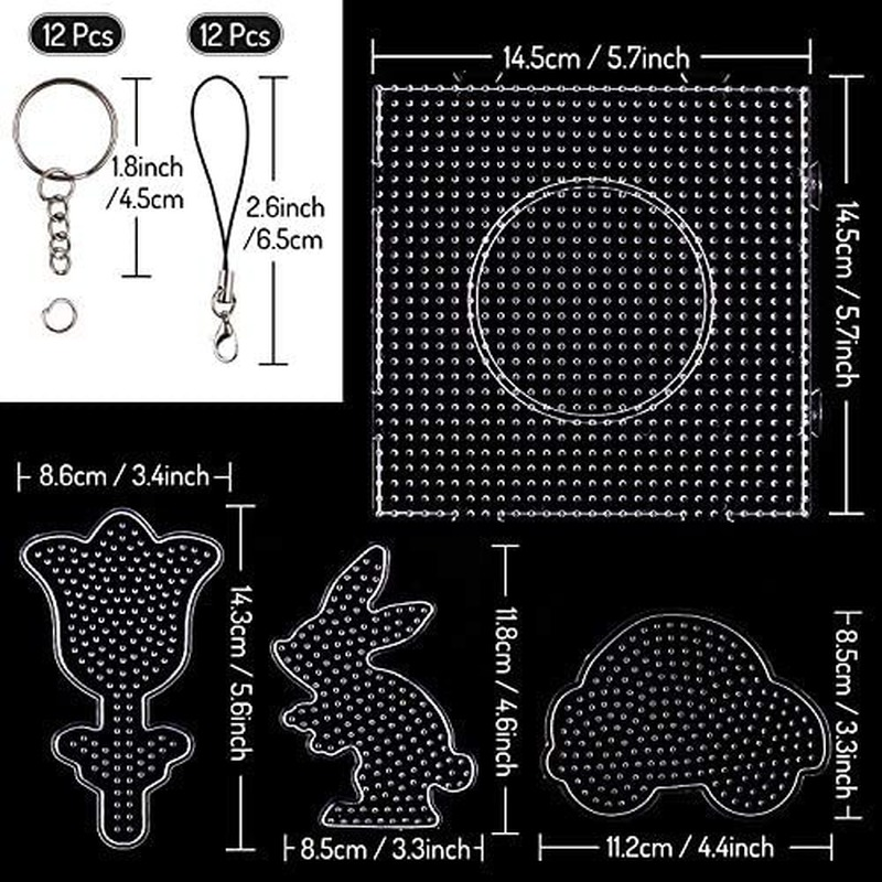 Fuse Beads Pegboards Set 3 Large and 9 Small pegboard with 12 Colorful Cards 12 Keychains 12 Key Hang Ropes for Kids DIY Craft