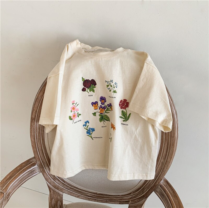 Maglietta per bambini 2152B maglietta a maniche corte per bambini estate 2022 maglietta stampata a fiori di coniglio per ragazzi e ragazze: Flowers / 100 for 3y