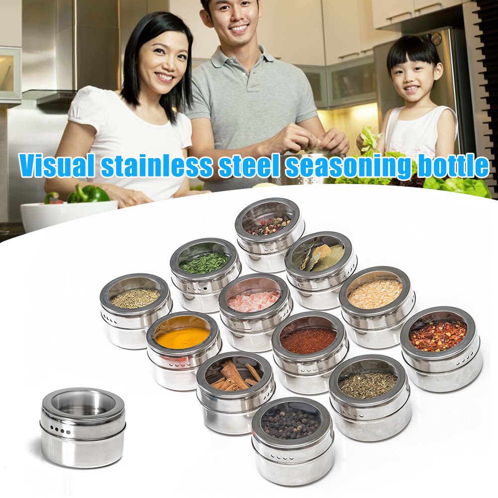 Couvercle clair magnétique pot à épices ensemble en acier inoxydable Sauce aux épices récipient de stockage pots cuisine D6