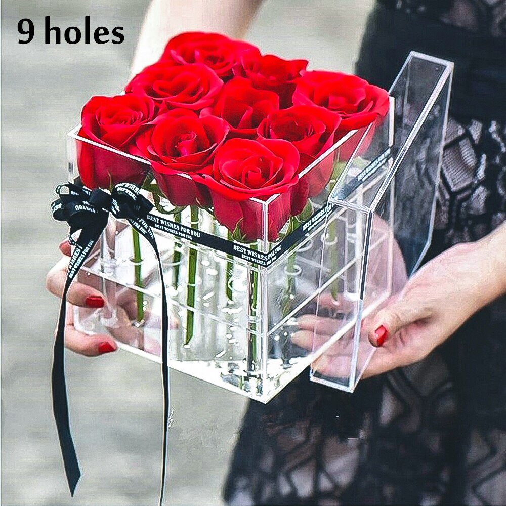 Rose Bloem Doos Transparant Acryl Make Organizer Materiaal Cosmetische Case Houder Met Deksel Make Organizer Voor Valentijnsdag: A 9 holes