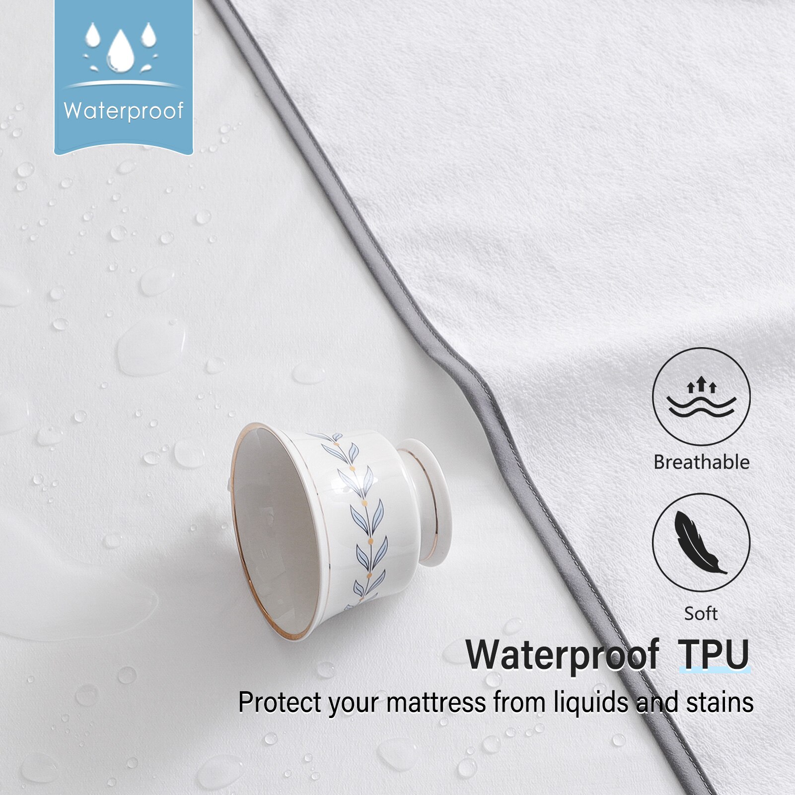 Protège-Matelas Imperméable en Éponge avec Bandes Élastiques, aux 4 Coins, Housse de Lit, Respirante