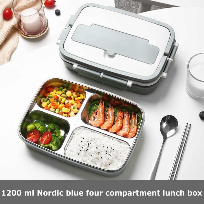 Draagbare Lunch Box Rvs Bento Box Met Servies 3/4 Compartiment Voedsel Container Lekvrije Lunchbox Voor School Office: 4 Grid Blue