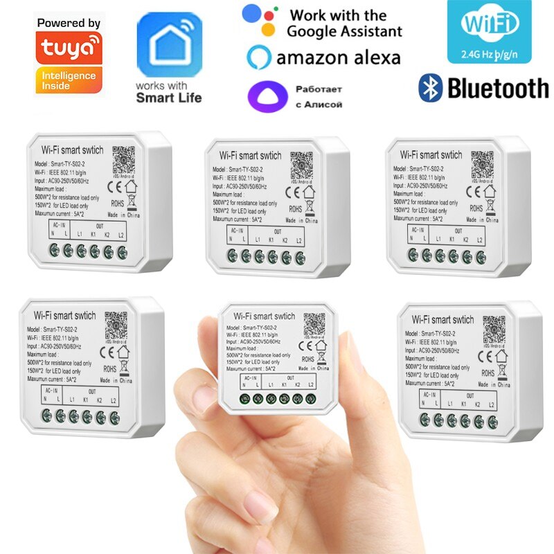 Miniinterruptor inteligente con Wifi, módulo de luz de 1/2 entradas, Control remoto por aplicación Tuya Smart Life, funciona con Alexa, Google Home, Alice