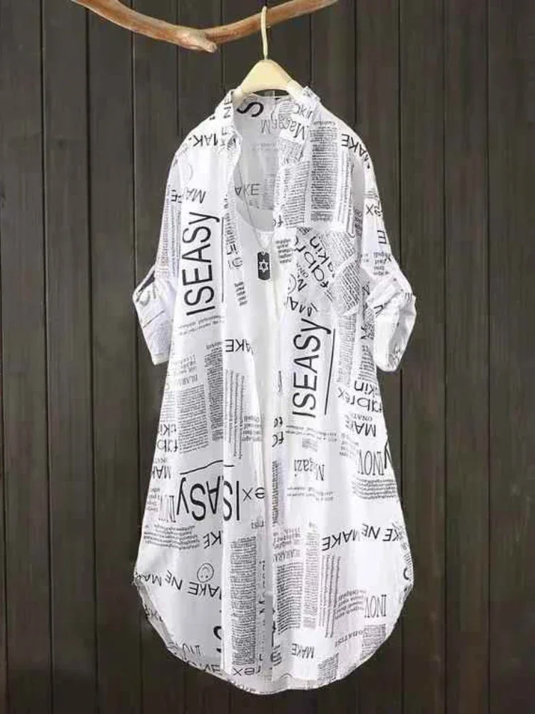 Plus size afslappet print bogstaver mellemlang bluse kvinder efterårsbluse langærmede skjorter koreansk stil damebluser chikke bluser