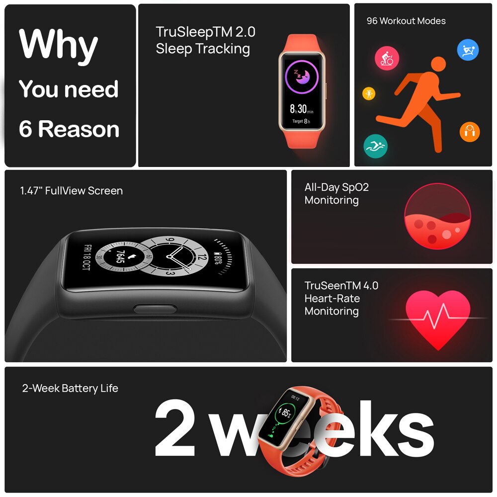 HUAWEI BAND 6 Smartband 6 Blood Oxygen 1.47" AMOLED Long Battery Life Fast Charging Heart Rate Monitoring