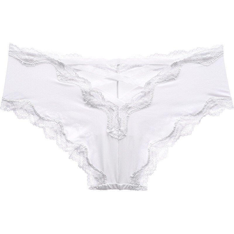 dos bande Satin Sexy dentelle culottes femmes solide sous-vêtements sans couture Lingerie mignonne slips tongs String: WHITE / M