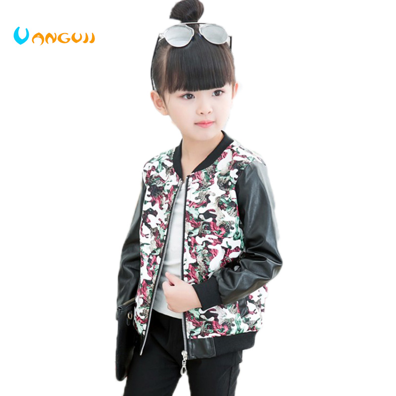 Meisjes Lente Herfst Jas Mode Pu Jassen O-hals Lange Mouw Afdrukken Bloem Camouflage Meisjes Uitloper Meisjes Kleding 3-9