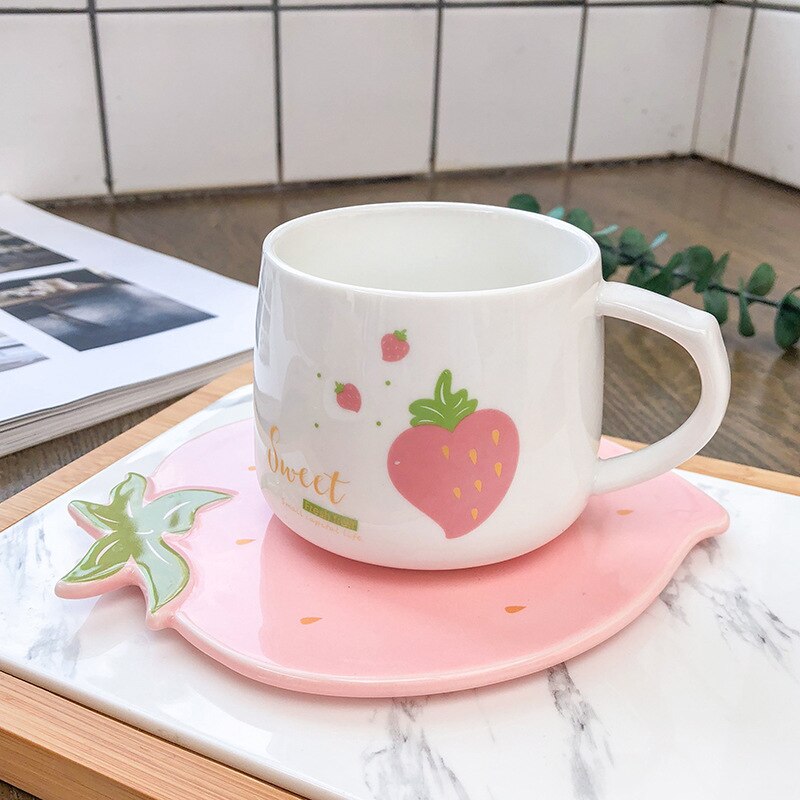 Juego de tazas y platillos con de fresa, Set de café con zumo de Taza de leche encantador, para niños de 250ml, para niñas: pink strawberry
