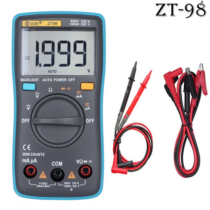 1 st zt digitala multimetrar bärbar ac/dc amperemeter voltmeter ohm lcd display bakgrundsbelysning multimeter diod och kontinuitetstest