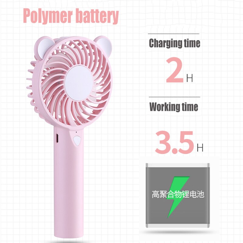 1200mA Cute Bear Cartoon Handheld USB Rechargeable Fan With LED Light Cooler Portable 3 Speed Adjustable Desktop Cooling Fan 5V