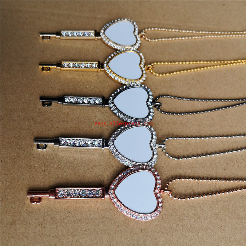 sublimation blank heart key necklaces pendants with drill necklace pendant tranfer printing consumable 15pcs/lot