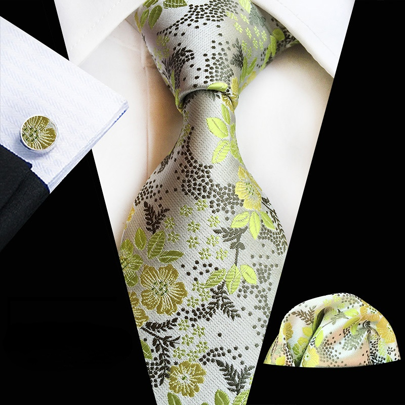 1set Men's Plum Paisley Tie Three Piece Suit Including Tie Pocket Towel Cufflinks: light green