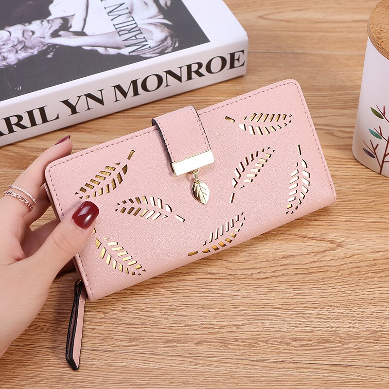 Vrouwen portemonnee pu leren portemonnee dames lange portemonnee gouden holle bladeren buidel handtas voor vrouwen portemonnee kaarthouders clutch: Roze