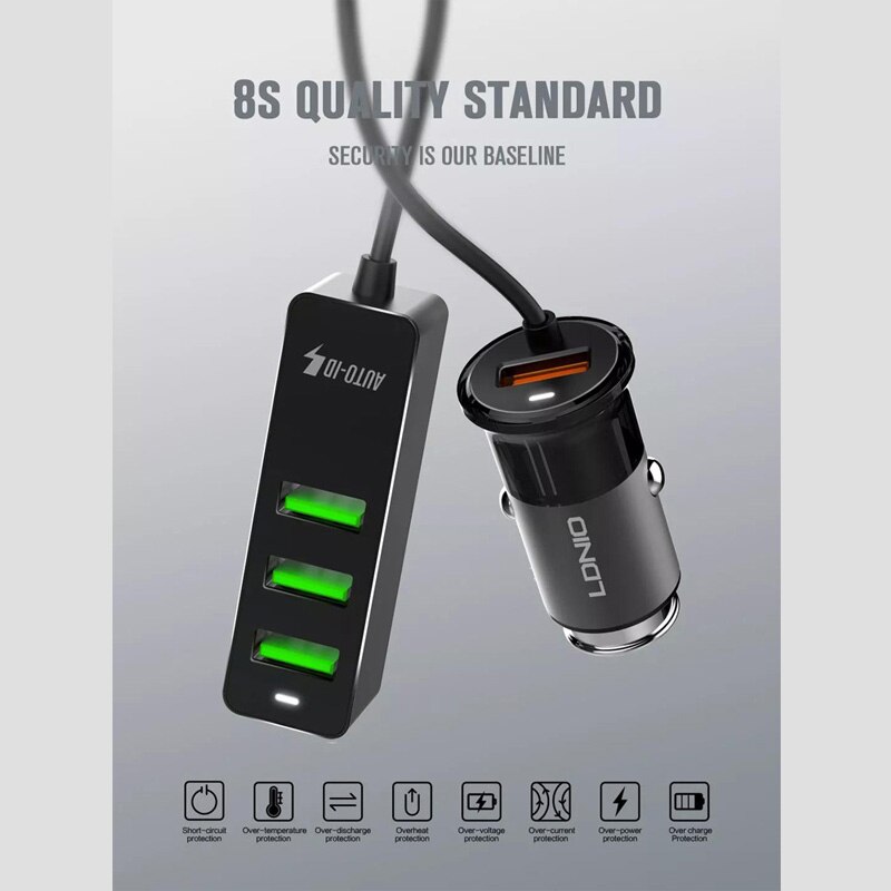 LDNIO USB Car Charger 4 Ports FAST QC3.0+2.4A+3.1A Universal USB Fast Adapter with 120CM Extension Cord Cable for MPV Car Phone