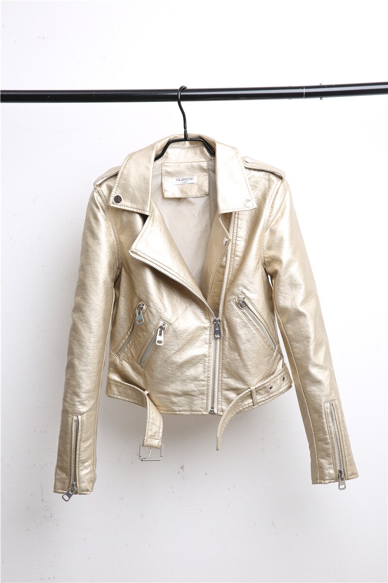 Silver Leather Jacket Women Metallic Motorcycle Short Jackets Lapel Zipper Biker Coat Soft Ladies Punk Streetwear