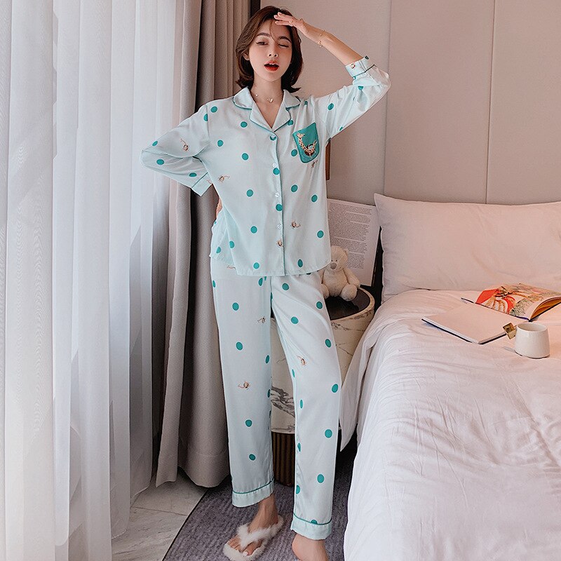 ChunShang Women's Spring And Autumn Long-Sleeved Ice Silk Thin Two-Piece Suit V-Neck Pajamas Home Service