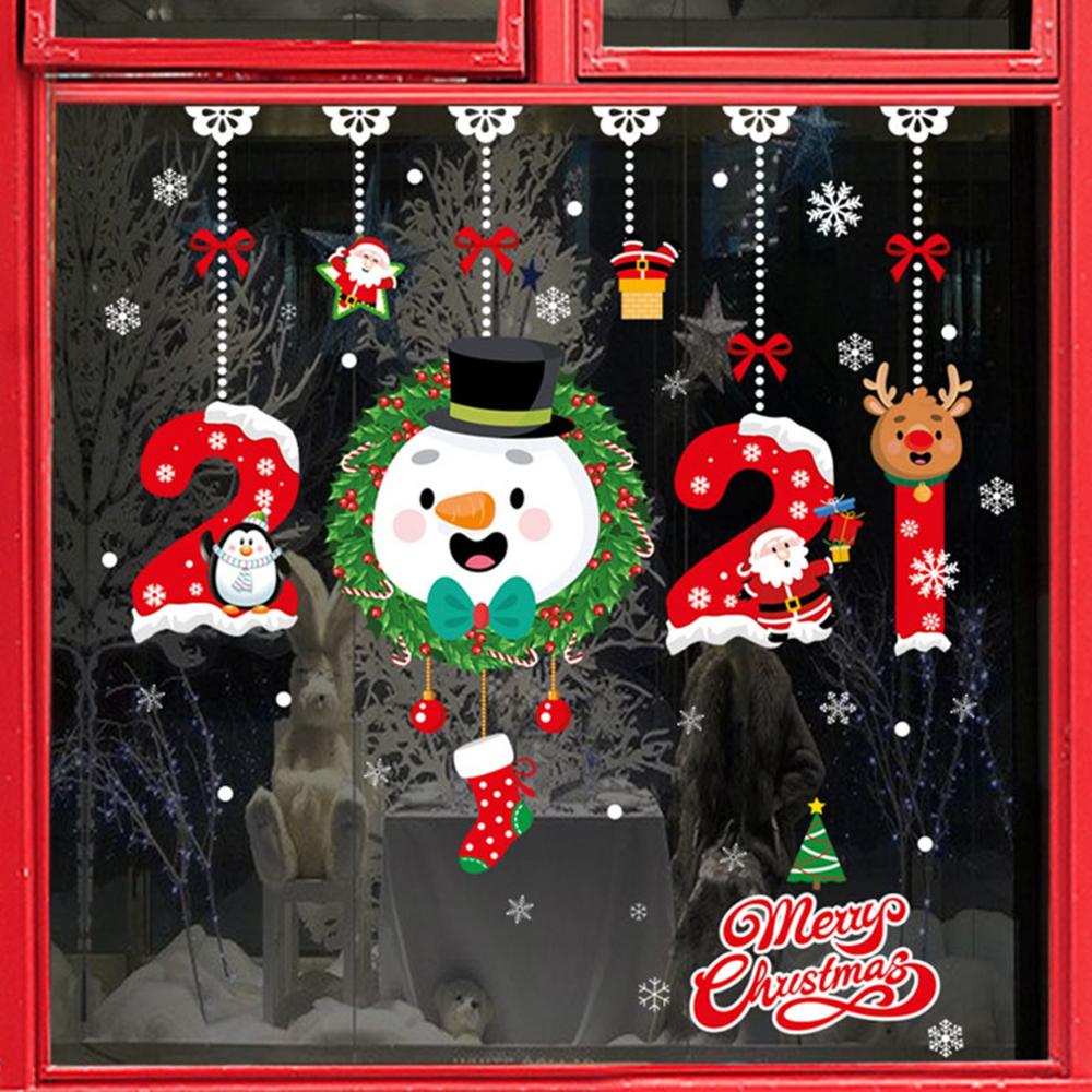 Cartoon Christmas Stickers for Window Showcase Removable Santa Clause Snowman Home Decor Decal Adhesive Year Mural #25: L