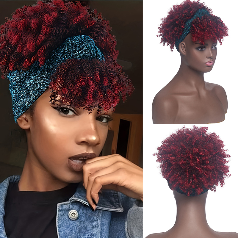 Afro Kinky Curly Headband Wigs Short Fluffy Curly Scarf Wig with Bangs Natural Synthetic Afro Curly Head Band Wig Cosplay: FS1B/99J