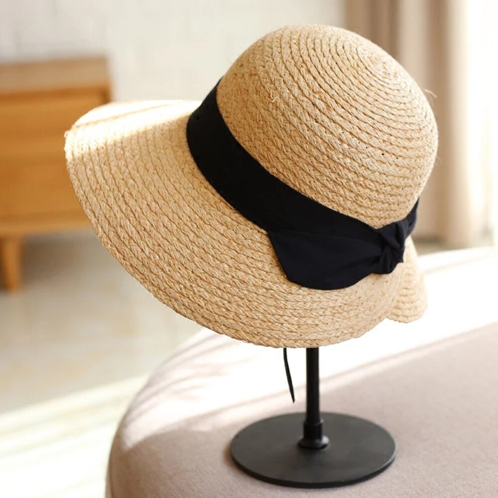 Women Sun hat Ribbon bow Raffia Grass Straw folding wide Brim Bucket Hat For Lady Beach hat Dome Bucket cap