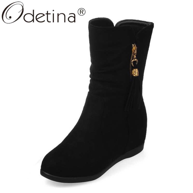Odetina Vrouwen Faux Suede Zip Up Pull On Winter Enkellaars Dames Retro Verborgen Mid Hak Geplooide Ronde Neus slouch Laarzen