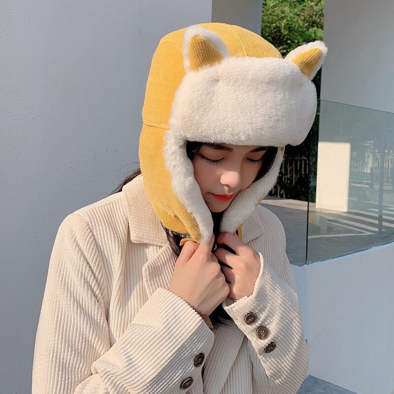 hiver femmes oreilles de chat Bomber chapeau épais coton cachemire en peluche masque russe Ski Protection visage cache-oreilles casquette