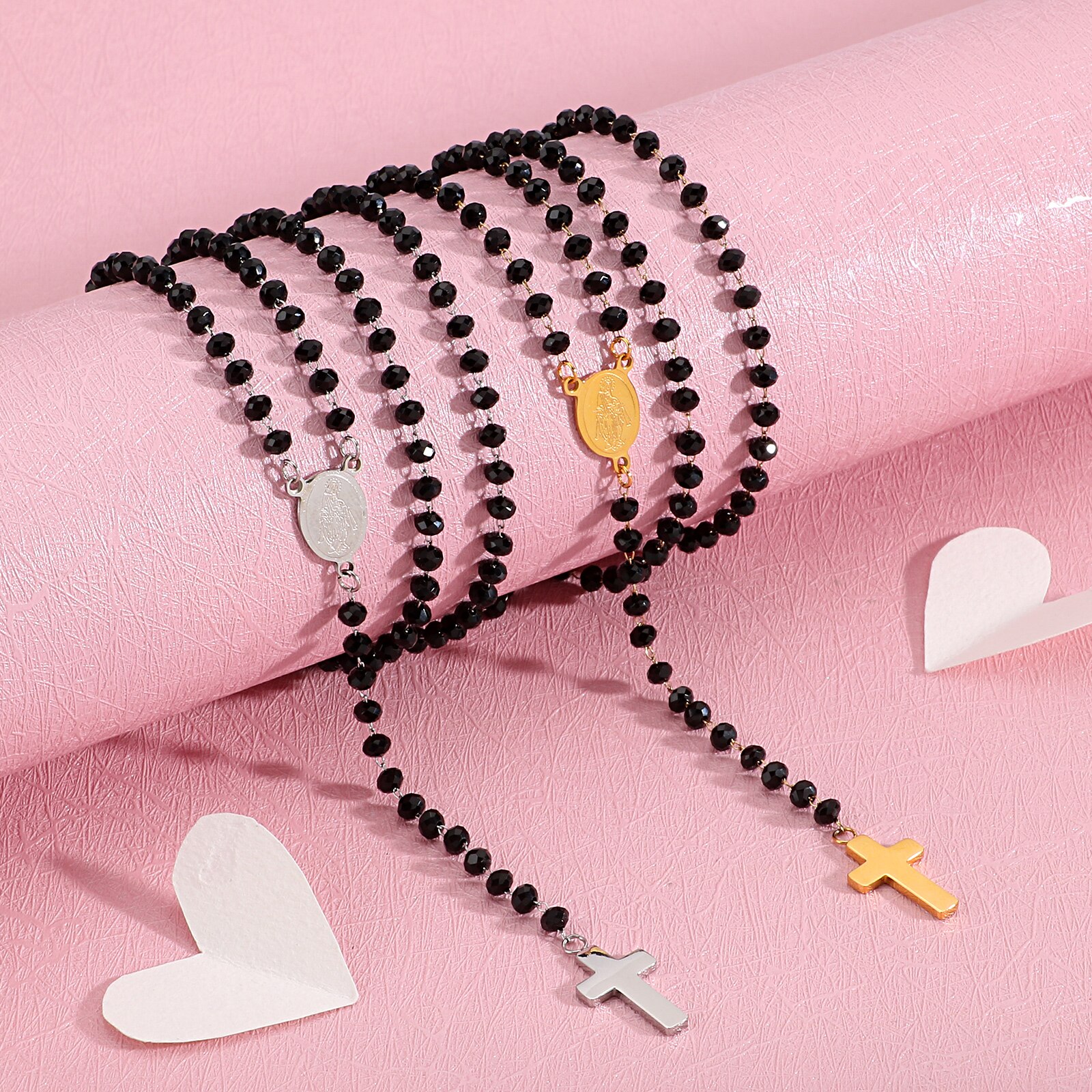 Religious link pearl necklace for women stainless steel cross virgin mary enamel necklace jewelry 60cm(23 ”) long , 1 pc
