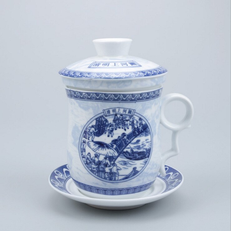 Cuatro juegos de tazas de té de cerámica filtrada, tazas de té y tazas de beber decoración de granja Gaiwan decoración de la habitación de porcelana azul: H