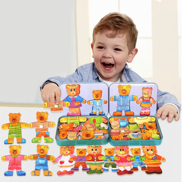 Beren Dressing Magnetische Game Speelgoed Voor Kinderen Houten Jurk Veranderen 3D Puzzels Kids Vroege Training Jigsaw