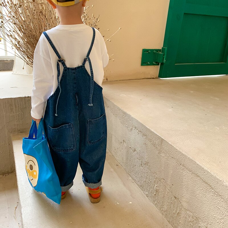 Jesień 2020 moda chłopcy luźny dżins kombinezony dzieci ponadgabarytowych spodnie na szelkach