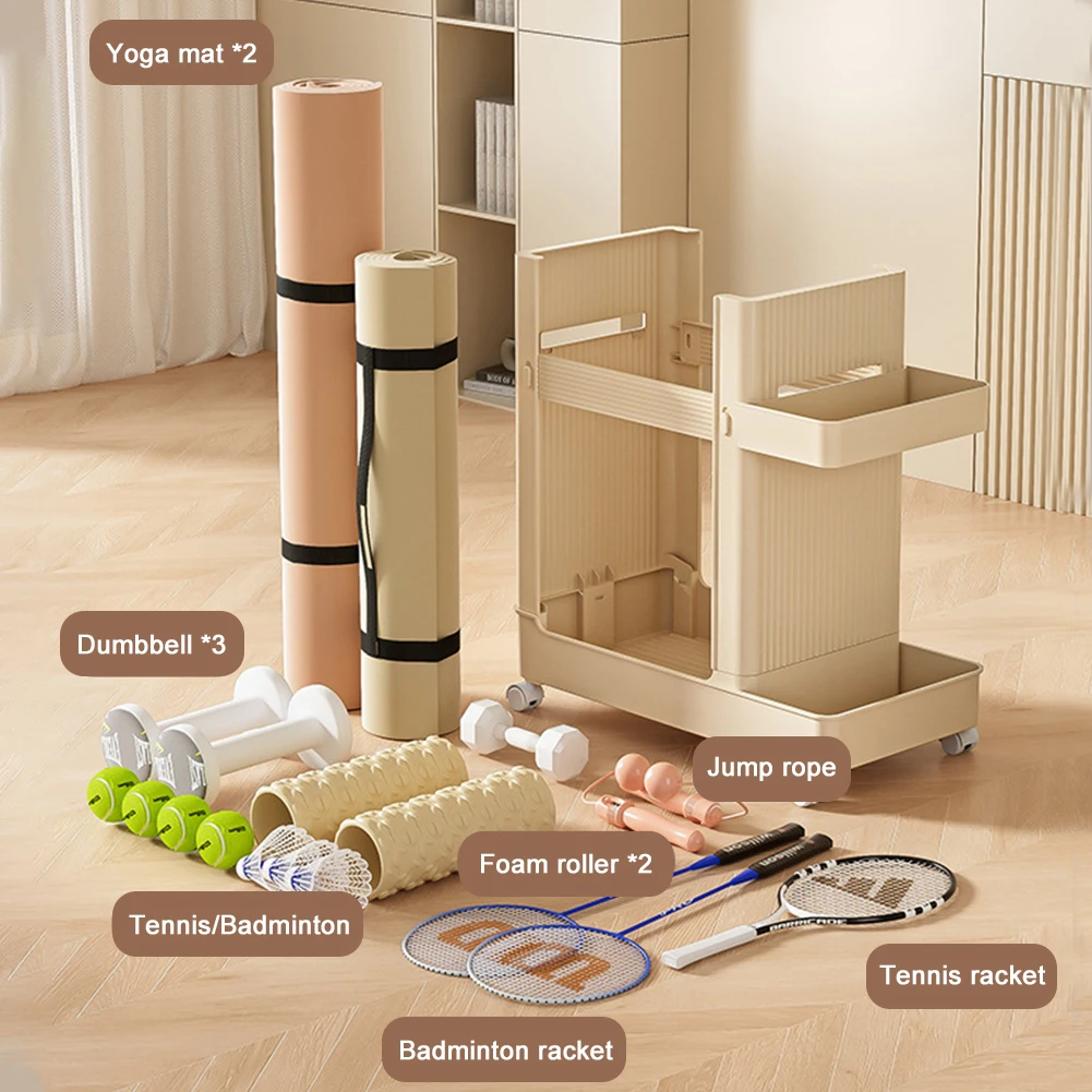 Gym Equipment Organizer Trolley with Wheels Sports Equipment Storage Rack Yoga Mat Storage Basket Fitness Equipment Storage Rack