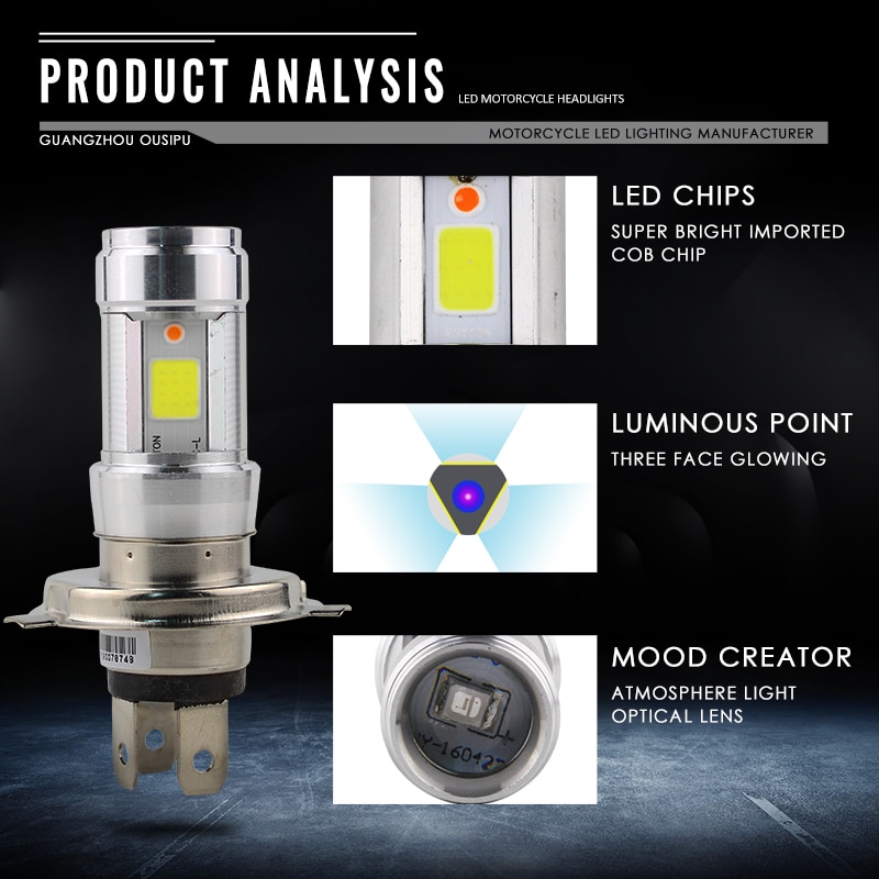 RTD E01C Motorcycle LED Headlight Dual Beam 12W 1200LM H4 HS1 P43T S2 BA20D Light Bulbs Scooter Motorrad E-bikes 3Sides Blue DRL