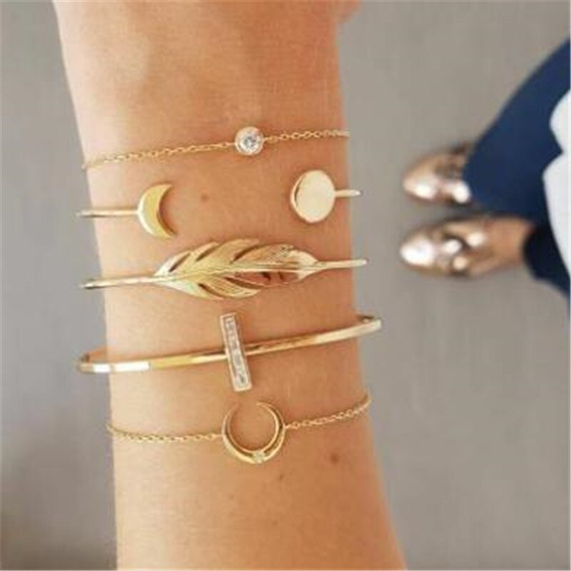 Bohemian Klassische Gold Natürliche Kristall Geometrische Multilayer Einstellbare Armreifen Armband Set Frauen Partei Schmuck 7 teile/satz