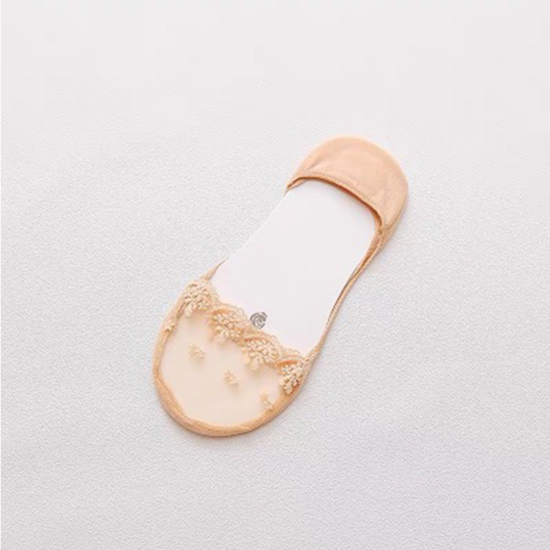 Calcetines invisibles antideslizantes con encaje para mujer, calcetín de corte bajo, bordado transparente: Nude