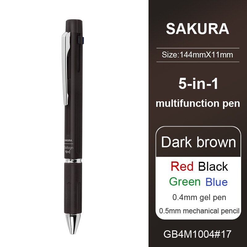 1Pcs SAKURA 5-IN-1 multi-functional color gel pen (0.5 automatic pencil + 0.4mm 4-color gel pen) low center of gravity writing: Dark brown
