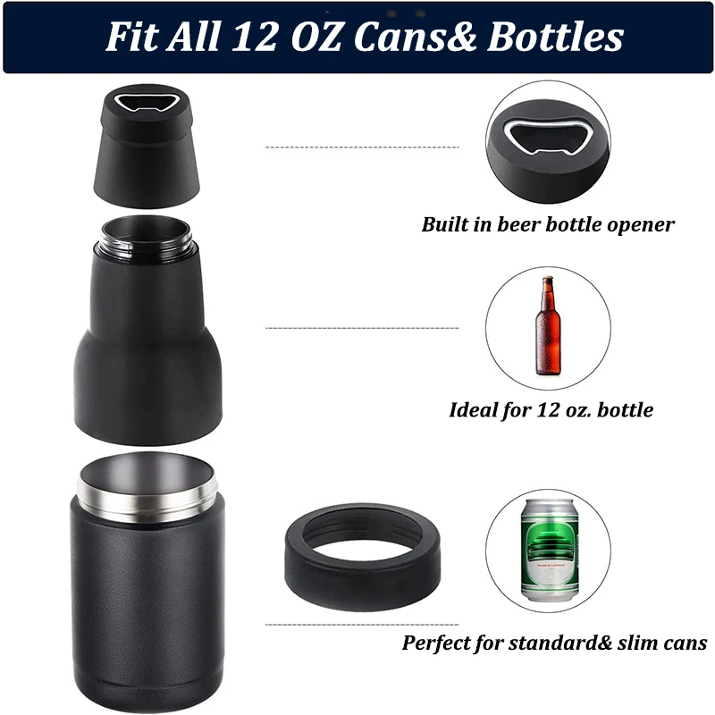 Double Wall Vacuum Insulated Bottle Cola Vacuum Flask 12oz Drink Can Bottle Holder 3 in 1 Stainless Steel Beer Tank with Opener