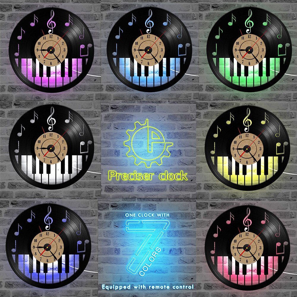 Holle Piano Keybord Vinyl Record Klok Creatieve en Antieke Stijl Zwarte Ronde LED Wandklok Muziek Piano Decor Art Klok