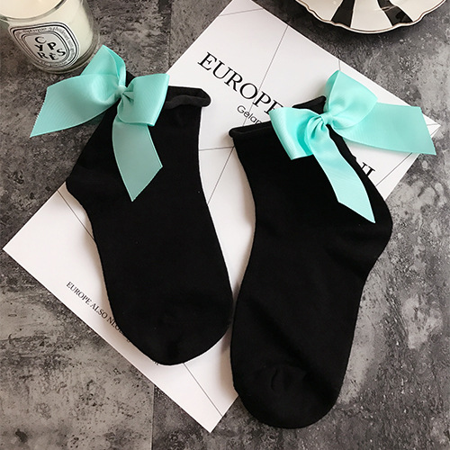 Winter Autumn Spring Sweet Curl Cotton After The Heel Ribbon Big Bow Short Socks Wild Chaussette Female Herring Ankle Socks: Bow Socks black blue
